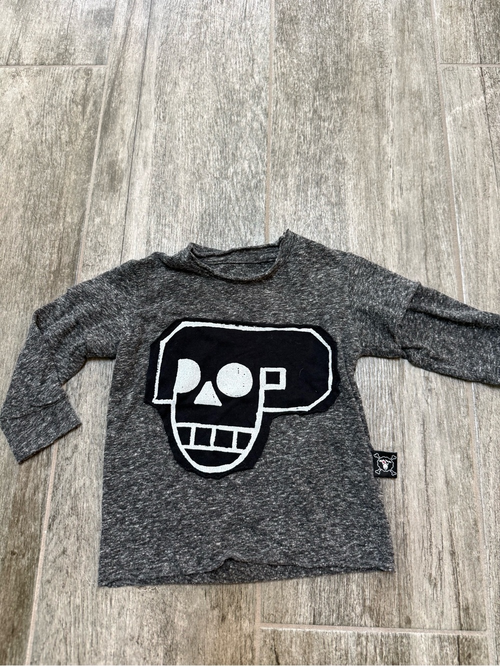nununu Heather Gray Long Sleeve Top with Black & White Skull Patch